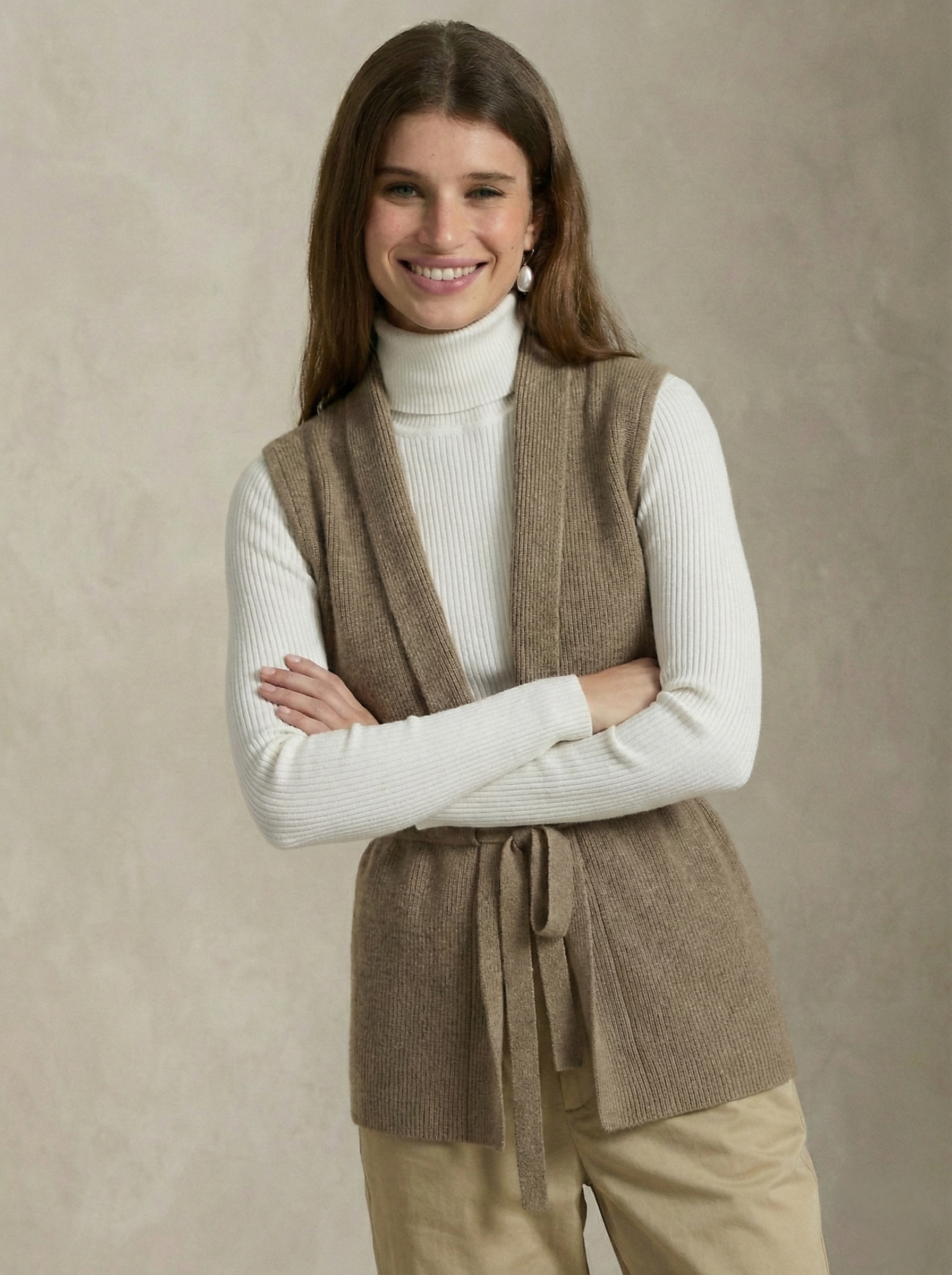 Christine Brewer Courtney cashmere wool knit sweater vest for women, featuring a cozy, stylish design in soft, natural tones.