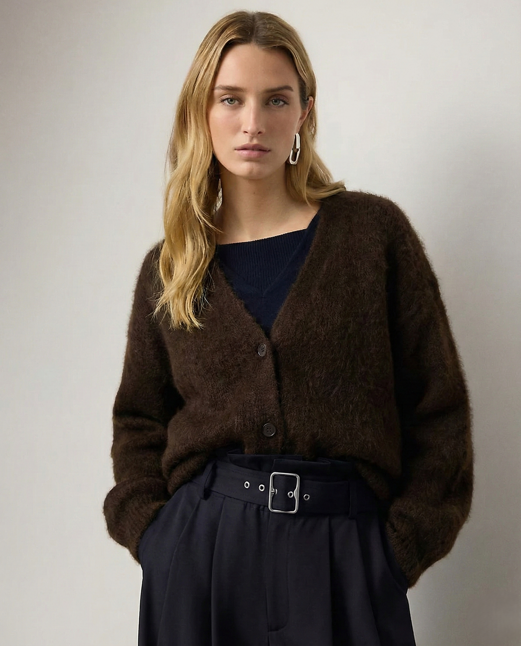 Oversized cashmere cardigan for women, the Colleen by Christine Brewer, shown in soft knit fabric with a relaxed fit and cozy design.