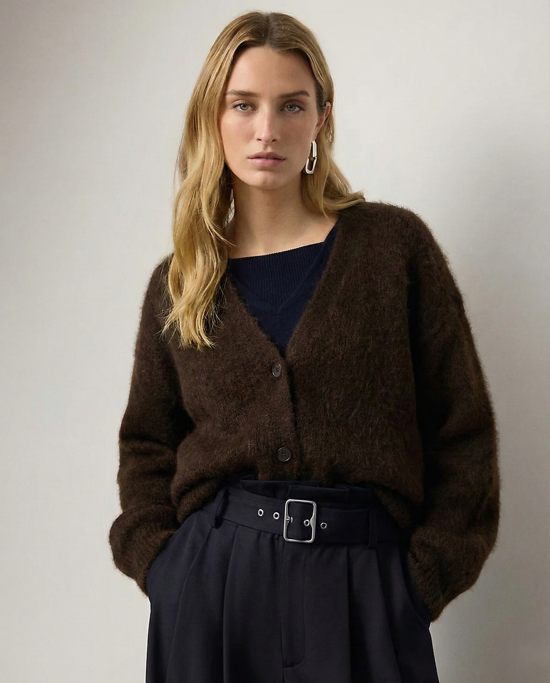 Oversized cashmere cardigan for women, the Colleen by Christine Brewer, shown in soft knit fabric with a relaxed fit and cozy design.