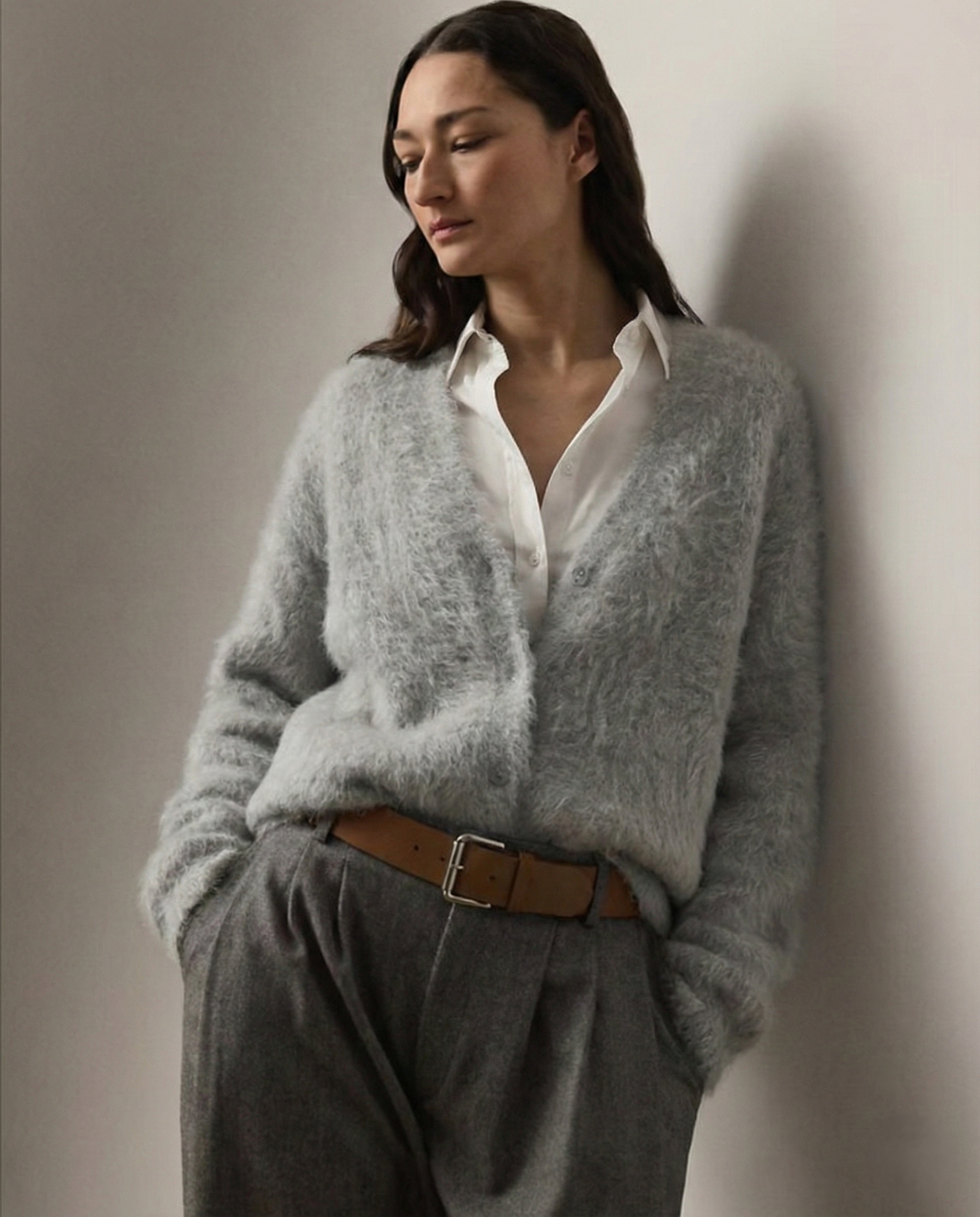 Oversized cashmere cardigan for women by Christine Brewer, featuring a cozy, relaxed fit in soft, luxurious fabric.