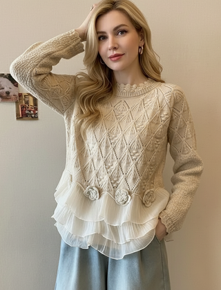Rose-colored cable knit sweater for women by Christine Brewer, featuring a cozy, textured knit design.