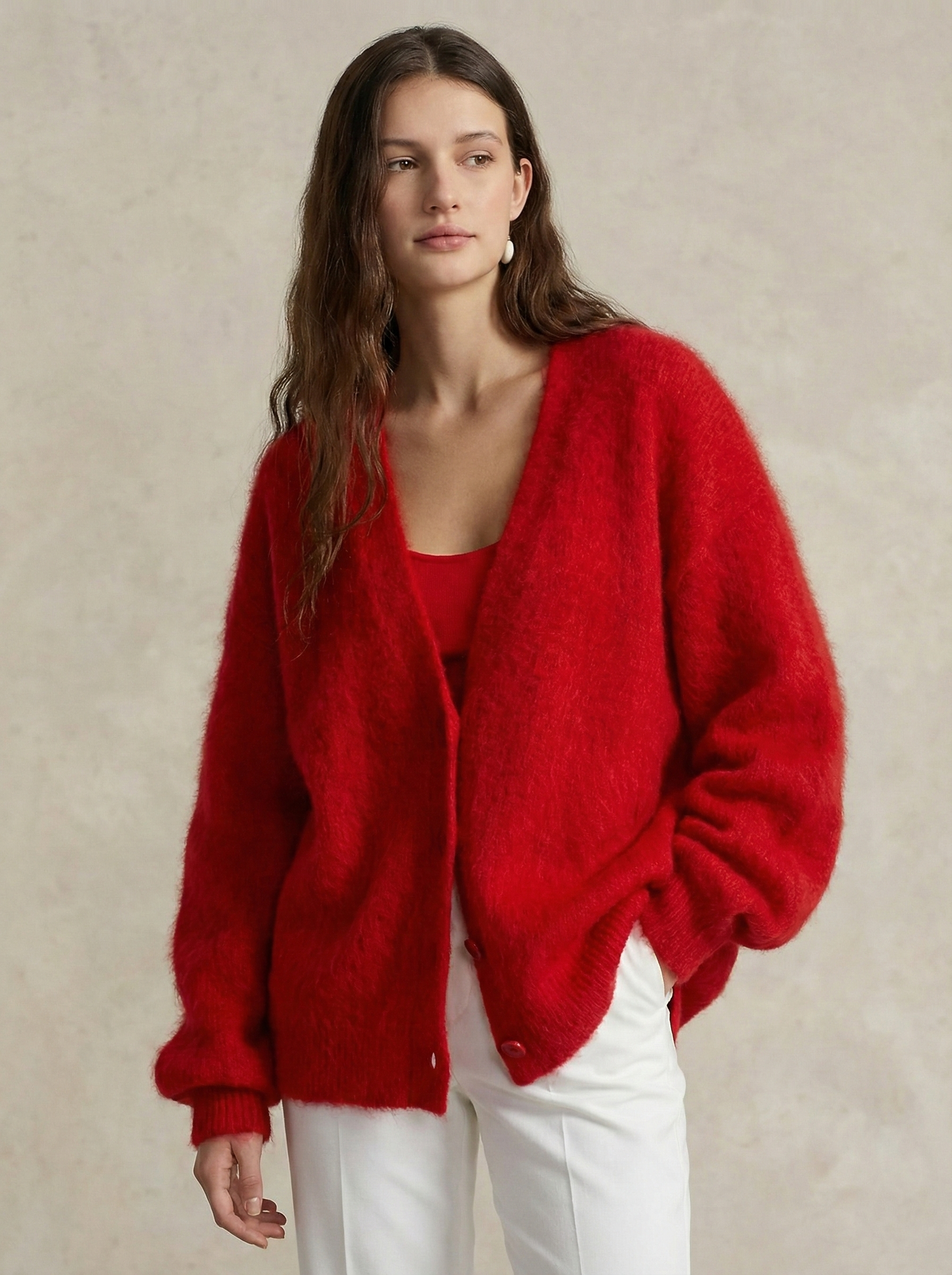 Oversized cashmere cardigan for women by Christine Brewer, featuring soft knit fabric and relaxed fit in a cozy style.