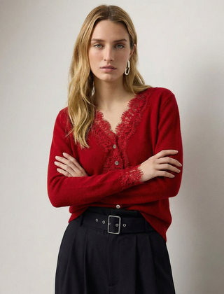 Elsa cashmere cardigan for women by Christine Brewer, soft knit sweater with a button-front and cozy fit, shown in a Gemini generated image.