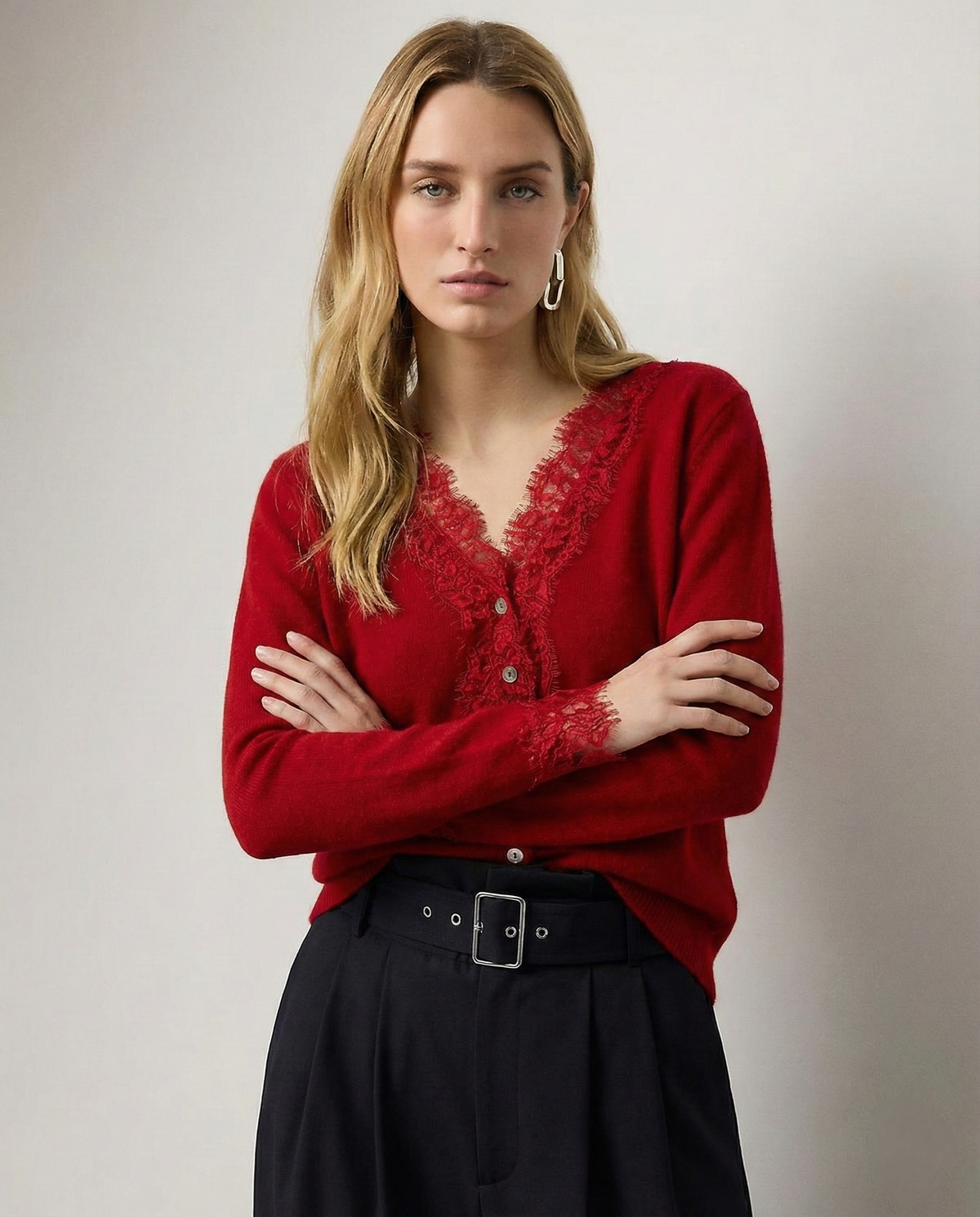 Elsa cashmere cardigan for women by Christine Brewer, soft knit sweater with a button-front and cozy fit, shown in a Gemini generated image.