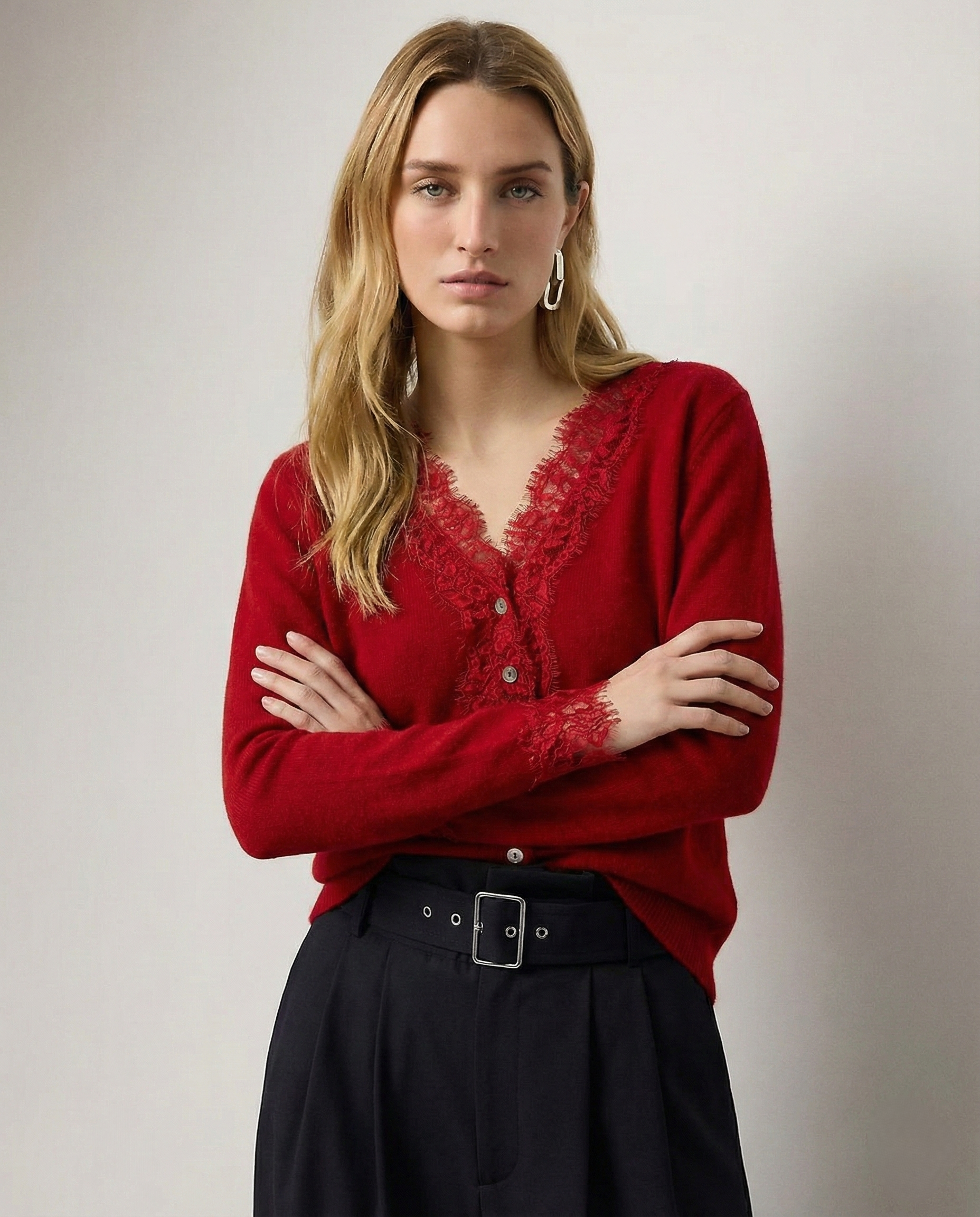 Elsa cashmere cardigan for women by Christine Brewer, soft knit sweater with a button-front and cozy fit, shown in a Gemini generated image.