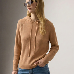 Cream cashmere hoodie for women by Christine Brewer, featuring a cozy, soft knit with a relaxed fit and stylish hood.