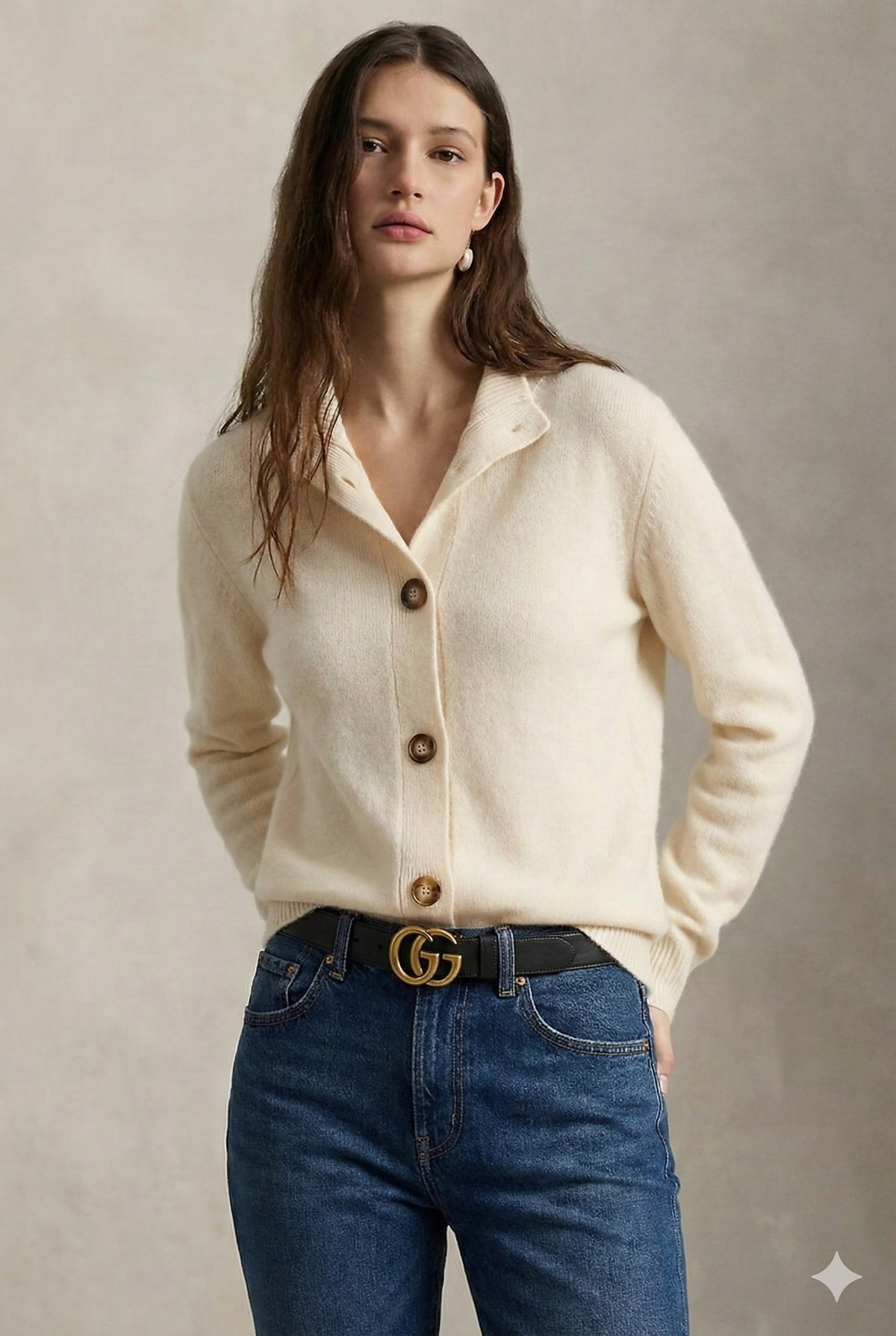 Cream-colored Christina cashmere high neck cardigan for women with a cozy, soft knit, featuring a classic design and ribbed details.