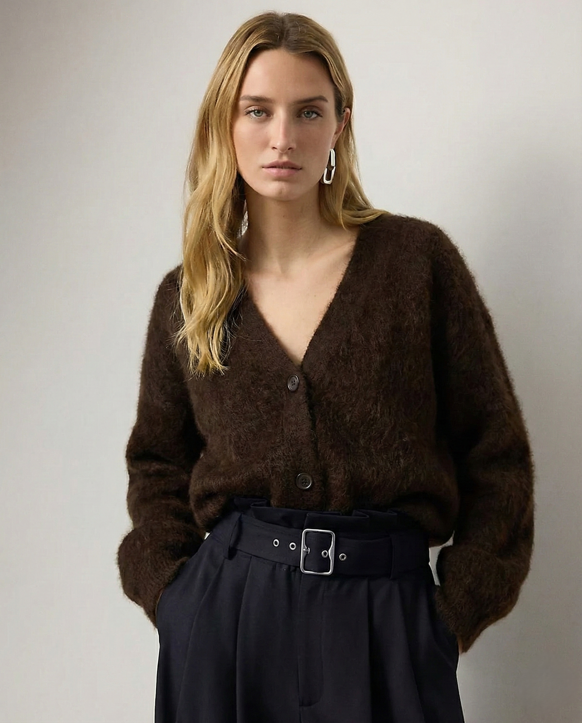 Christine Brewer Colleen oversized cashmere women's cardigan in soft, cozy knit, shown in a relaxed fit with a draped collar.