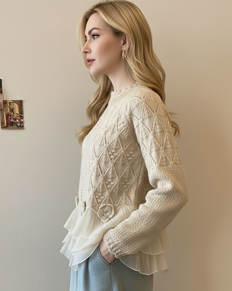 Rose cable knit sweater for women by Christine Brewer, featuring a cozy, textured knit pattern and a classic fit.