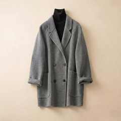 Brown double-breasted wool coat for women by Christine Brewer, featuring a classic tailored design and stylish lapels.