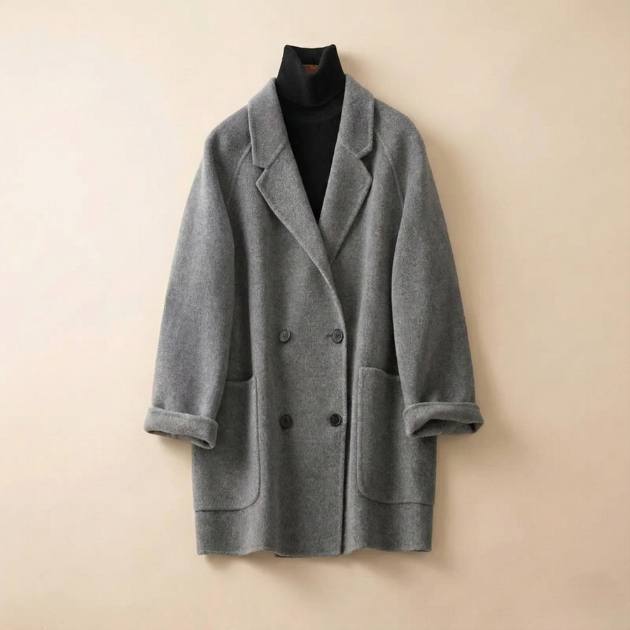 Brown double-breasted wool coat for women by Christine Brewer, featuring a classic tailored design and stylish lapels.