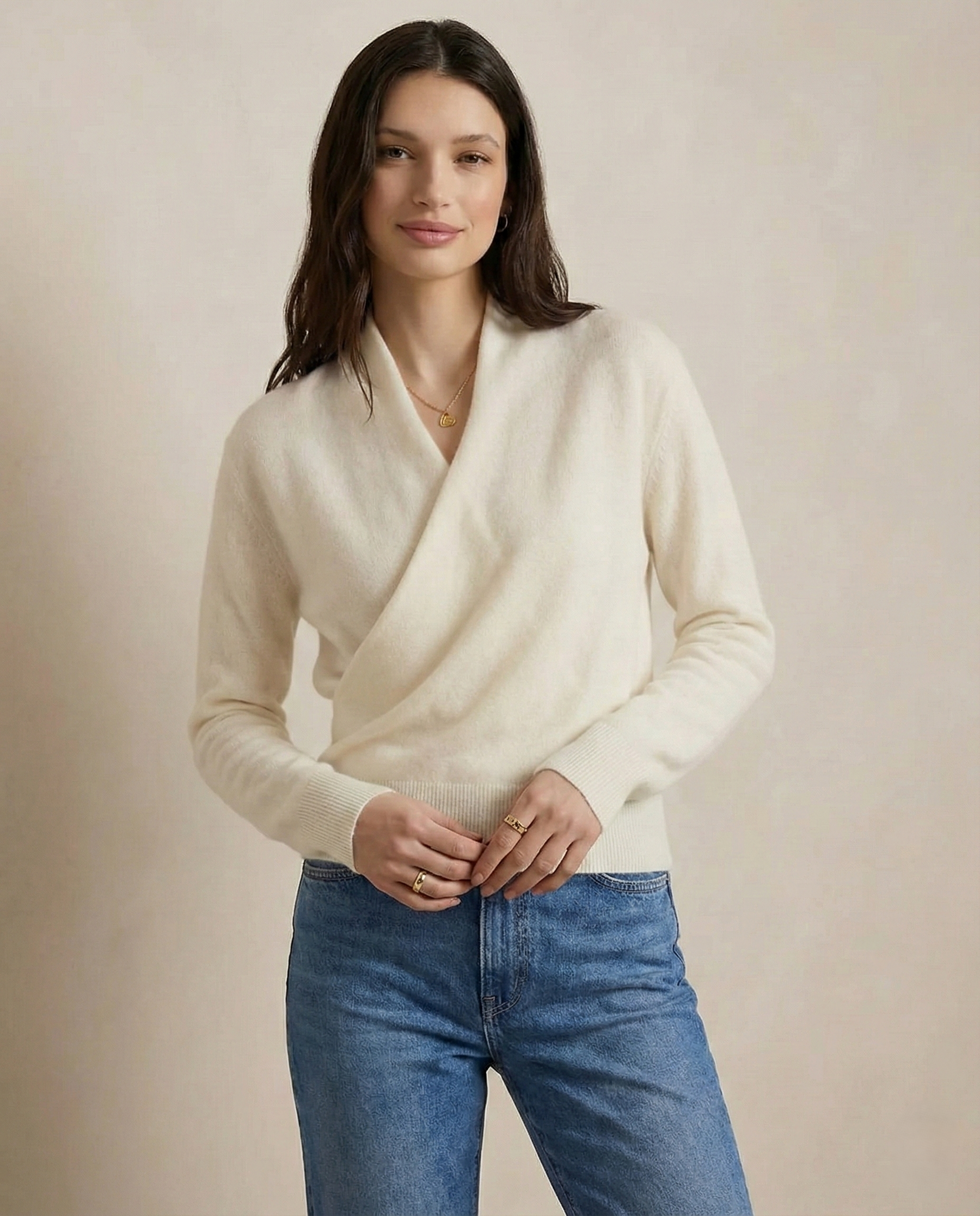 Cream-colored Dawn cashmere sweater for women by Christine Brewer, featuring a soft, cozy knit design.