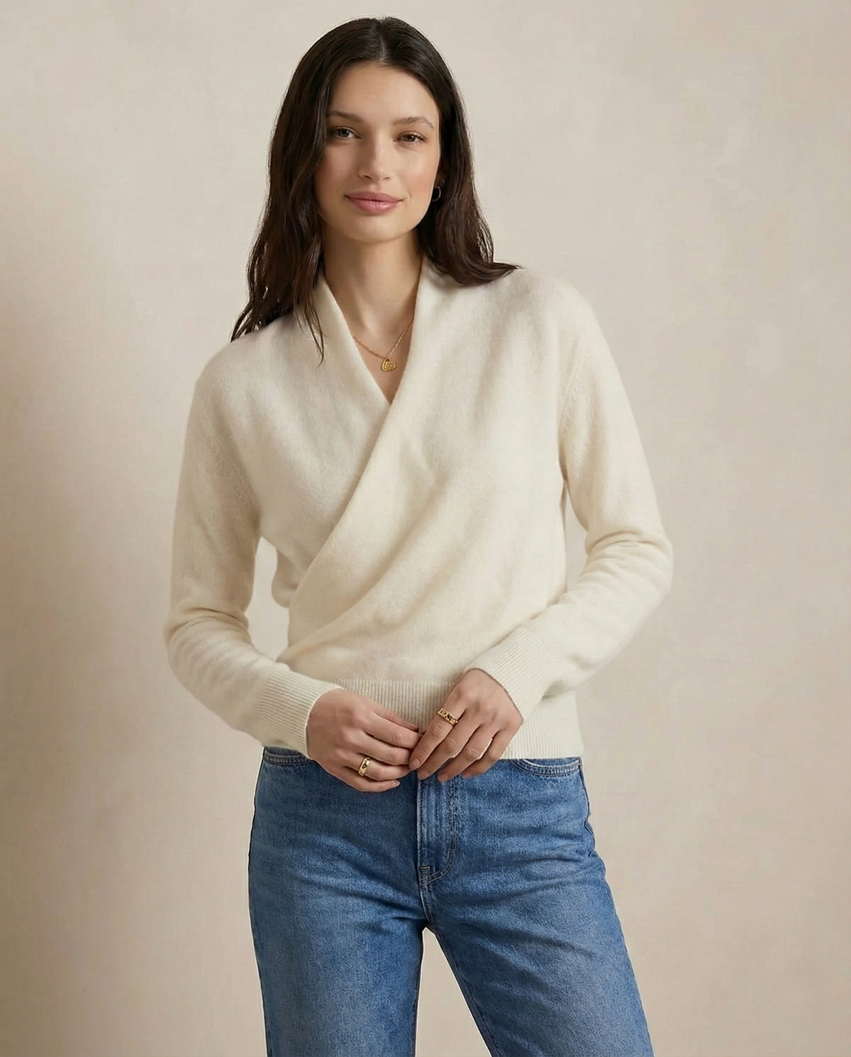 Cream-colored Dawn cashmere sweater for women by Christine Brewer, featuring a soft, cozy knit design.