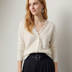 Elsa cashmere cardigan for women by Christine Brewer, soft beige knit sweater with button closure and cozy fit.