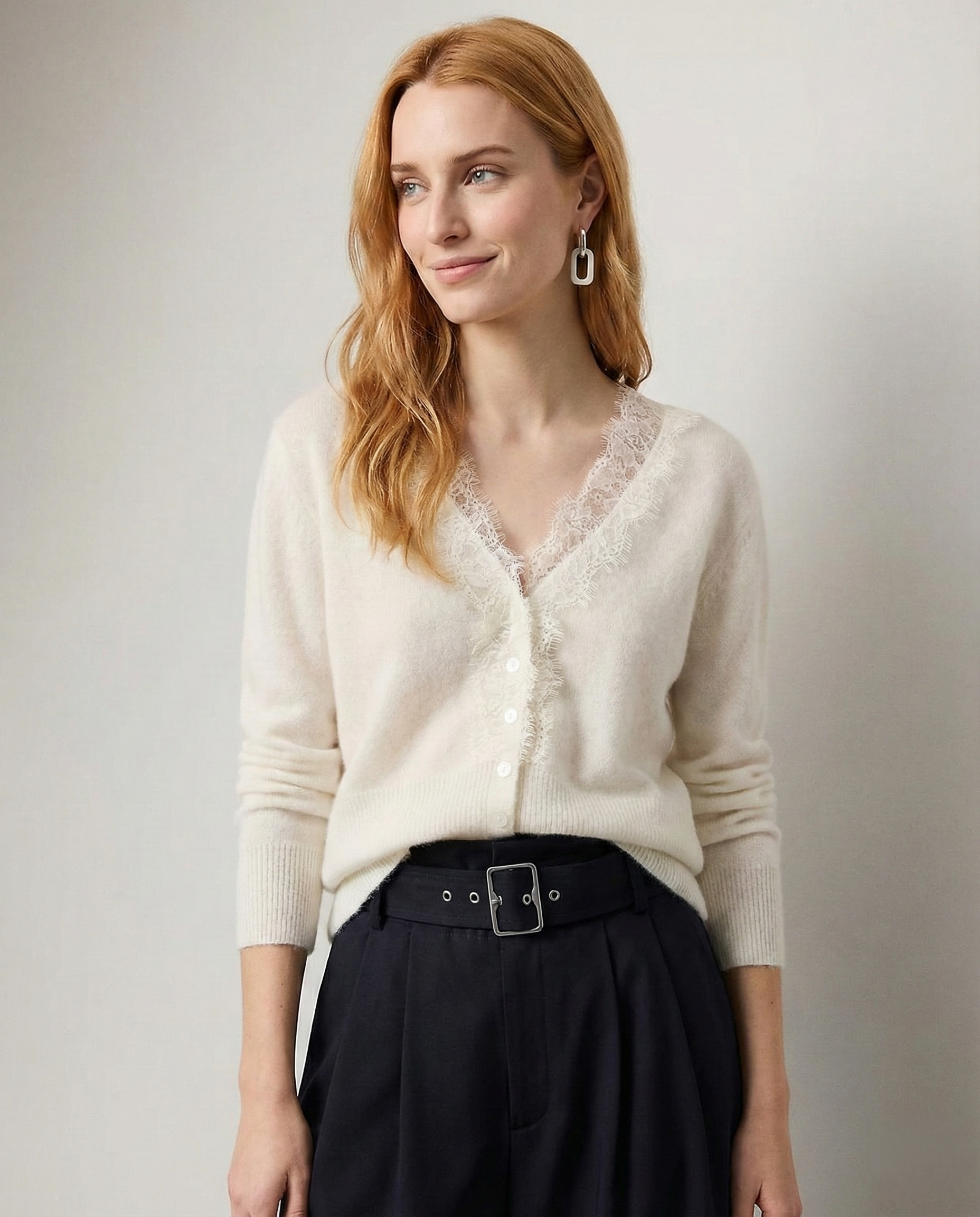 Elsa cashmere cardigan for women by Christine Brewer, soft beige knit sweater with button closure and cozy fit.