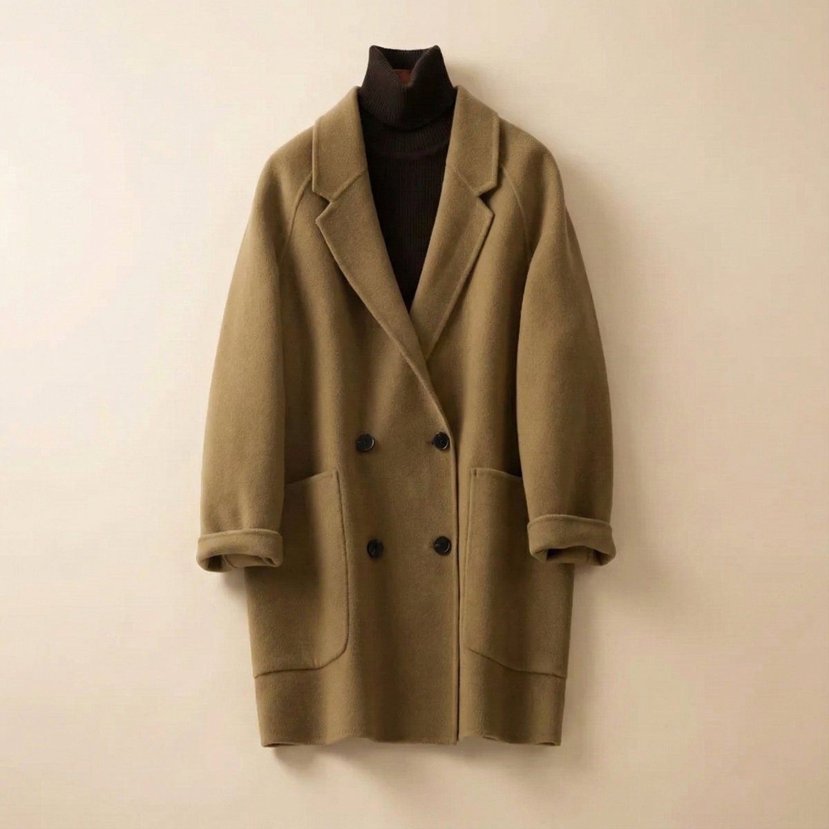 Brown double-breasted wool coat for women by Christine Brewer, featuring a tailored fit and classic style.