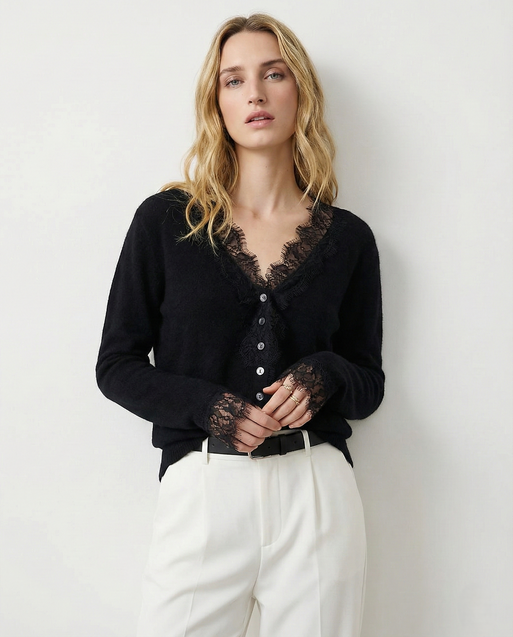 Pink Elsa cashmere cardigan for women by Christine Brewer, displayed with a soft, cozy knit fabric and open-front design.