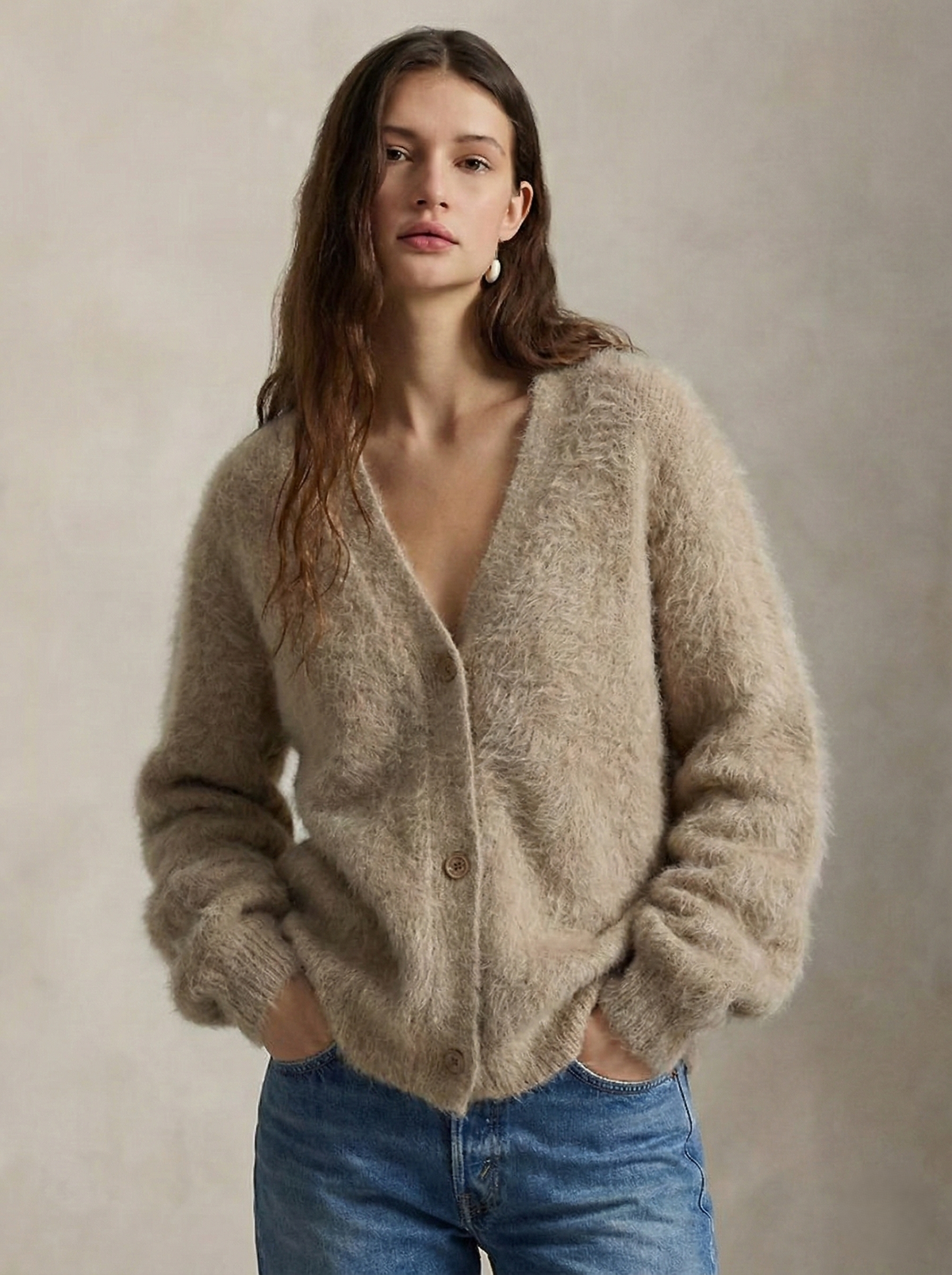 Oversized Christine Brewer cashmere cardigan for women, soft and cozy, shown in a relaxed fit with a open-front design.