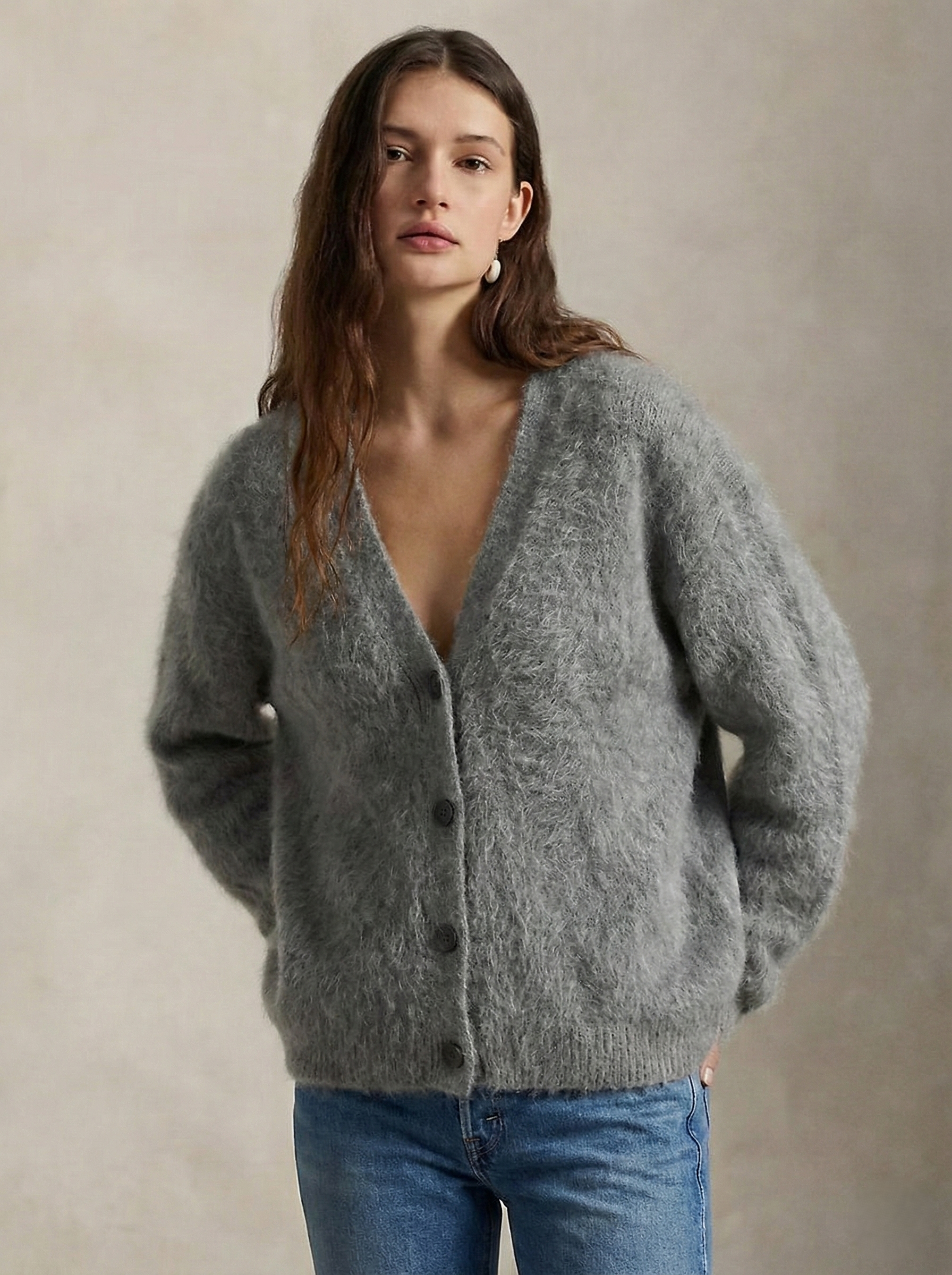 Oversized Christine Brewer cashmere cardigan for women, featuring a cozy, luxurious knit and relaxed fit in neutral tones.