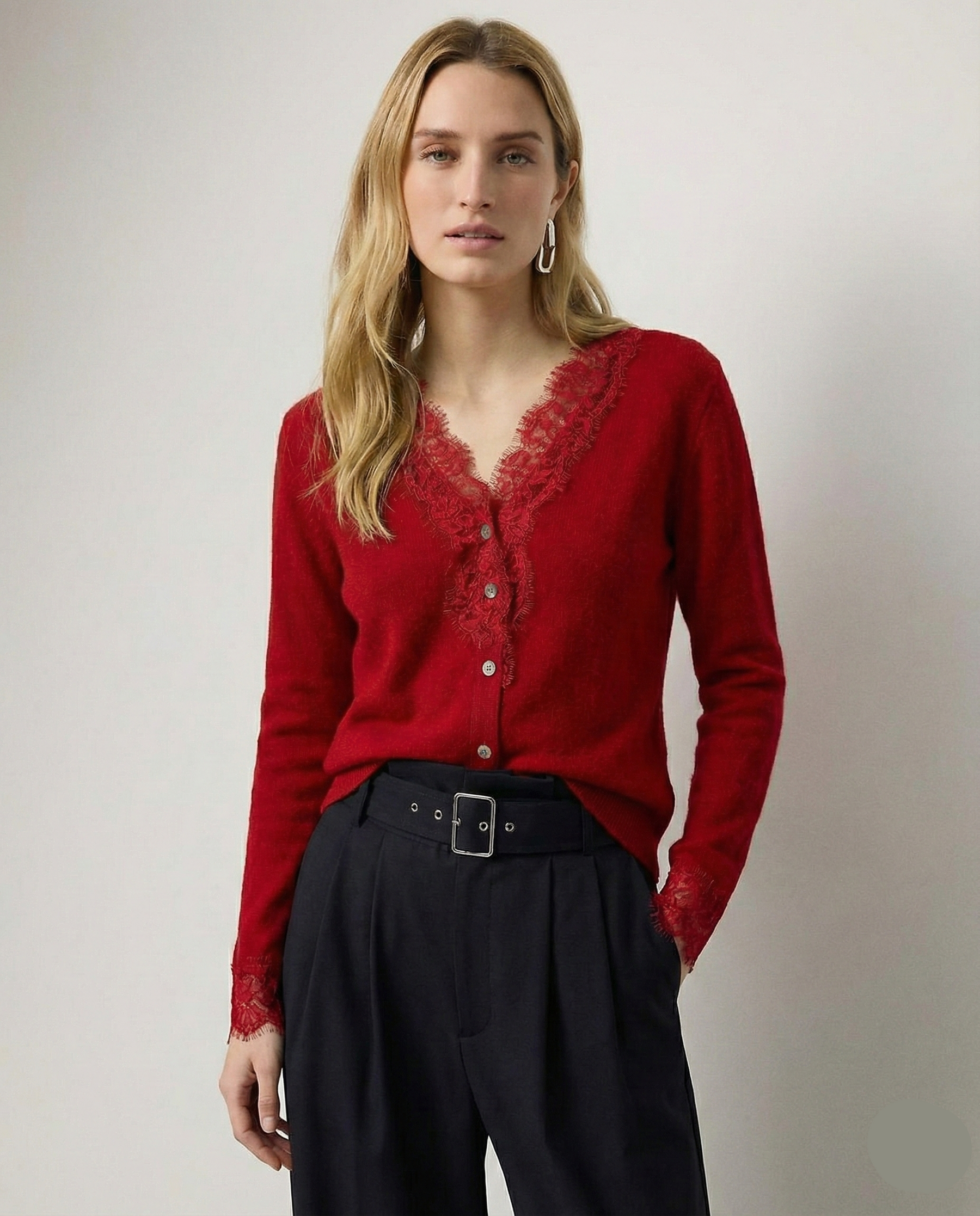 Elsa cashmere cardigan for women by Christine Brewer, soft beige knit with button closure, stylish and cozy for everyday wear.