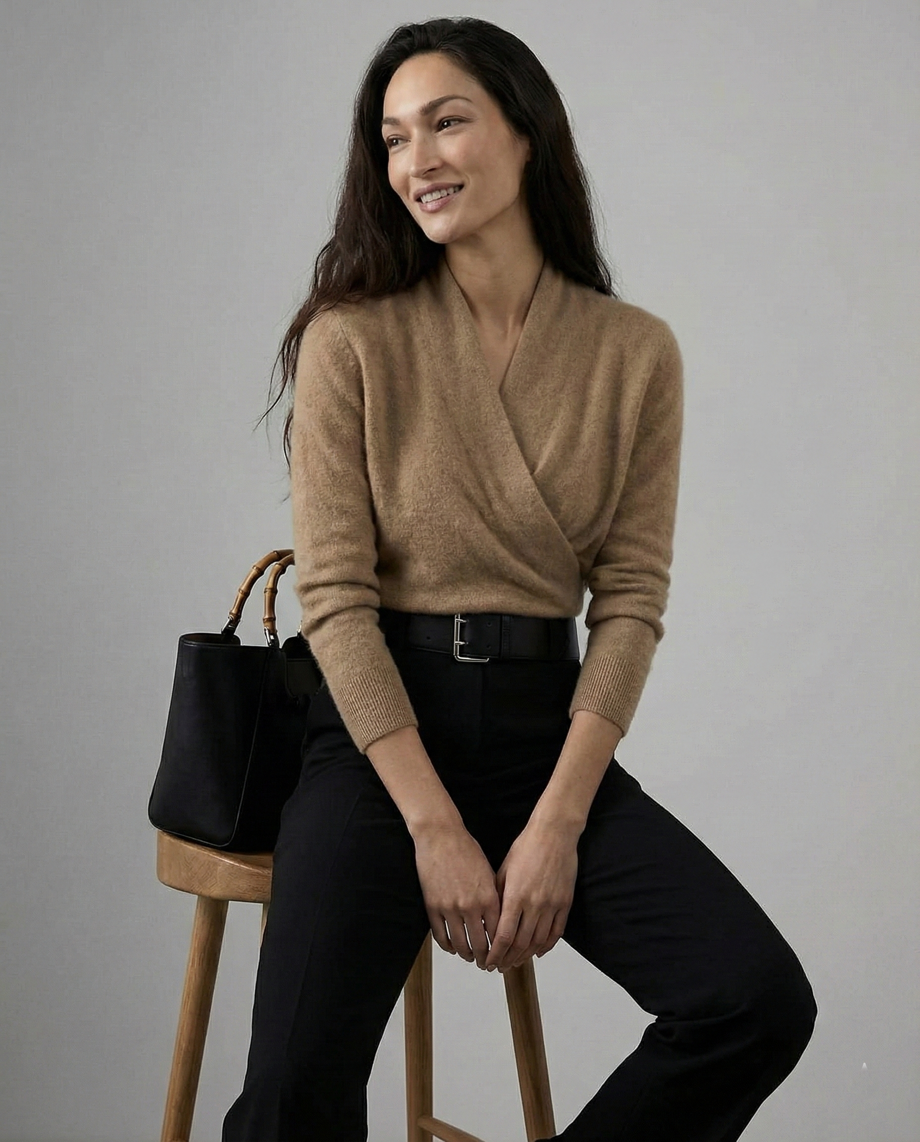 Christine Brewer Dawn cashmere sweater for women, soft beige knit with long sleeves and a cozy, elegant fit.