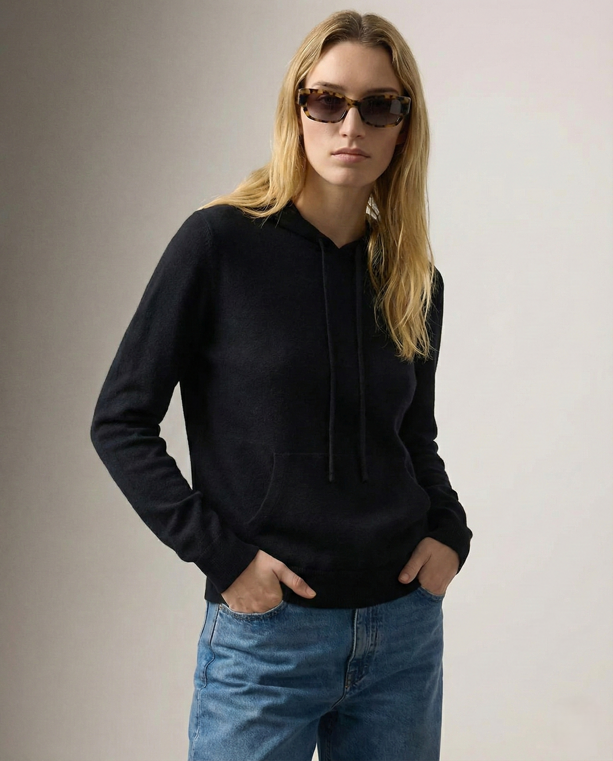 Gray Claudia cashmere hoodie for women by Christine Brewer, shown with a soft, cozy fabric and relaxed fit.