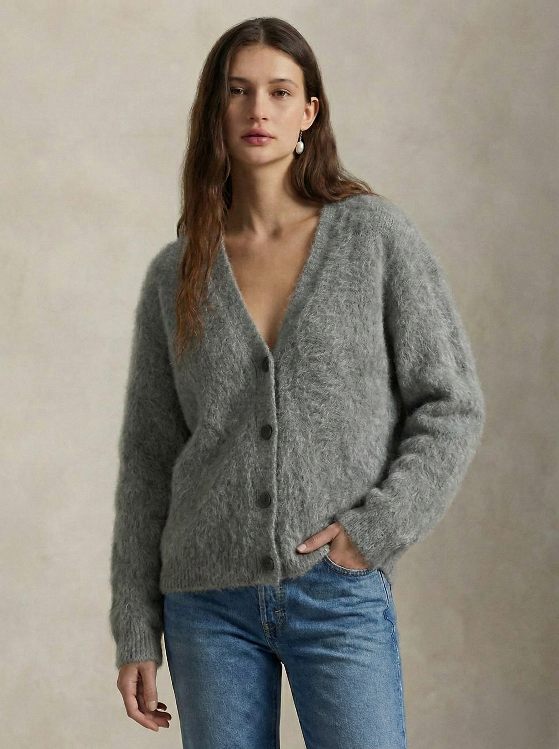 Oversized cashmere cardigan for women by Christine Brewer, featuring a soft, cozy knit with a relaxed fit in a neutral color.