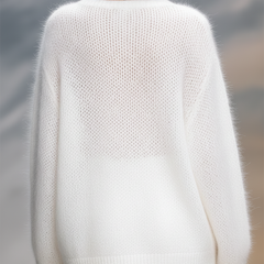 Christine Brewer elegant solid color round neck loose sweater, showcasing a cozy, stylish pullover with a relaxed fit.