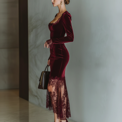 Burgundy velvet maxi dress by Christine Brewer, elegant evening dress with flowing fabric and subtle drape, perfect for formal occasions.