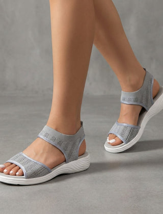 Gray knit ankle-strap sandals for women by Christine Brewer, stylish and comfortable women's shoes with ankle strap detail.