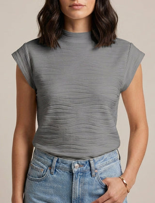 Gray high neck cap sleeve summer top for women by Christine Brewer, shown on a hanger.