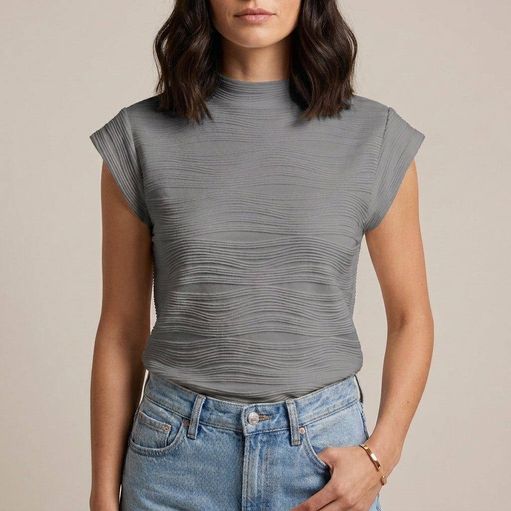 Gray high neck cap sleeve summer top for women by Christine Brewer, shown on a hanger.