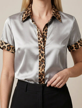 Gray leopard print summer blouse for women by Christine Brewer, featuring short sleeves and lightweight fabric.