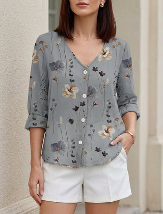 Gray floral V-neck denim blouse for women with button front, from Christine Brewer, stylish summer top.