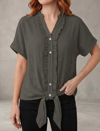 Gray women's summer blouse with V-neck and ruffle details, casual denim style by Christine Brewer.
