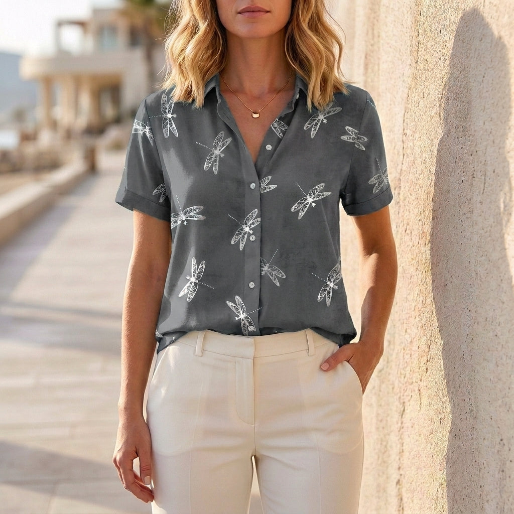 Gray print denim summer blouse for women by Christine Brewer, lightweight top with casual style and comfortable fit.