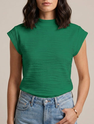 Green high-neck cap sleeve summer top for women by Christine Brewer, stylish and lightweight for warm weather.