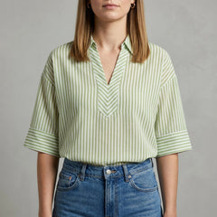 Green striped linen summer blouse for women by Christine Brewer, lightweight top with a relaxed fit and casual style.