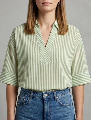 Green striped linen summer blouse for women by Christine Brewer, lightweight top with a relaxed fit and casual style.