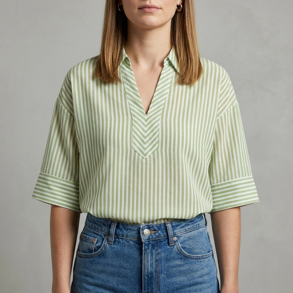 Green striped linen summer blouse for women by Christine Brewer, lightweight top with a relaxed fit and casual style.