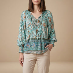 Green floral summer blouse for women with long sleeves made of linen, by Christine Brewer, stylish and lightweight top.