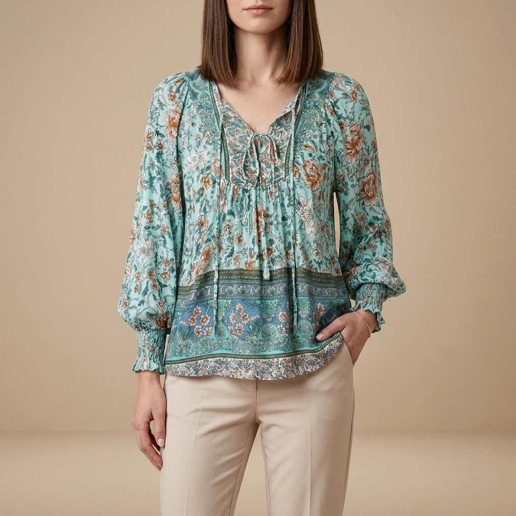 Green floral summer blouse for women with long sleeves made of linen, by Christine Brewer, stylish and lightweight top.