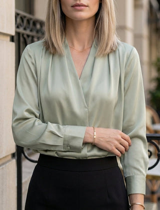 Green satin summer blouse for women with V-neck and long sleeves, casual stylish top by Christine Brewer.