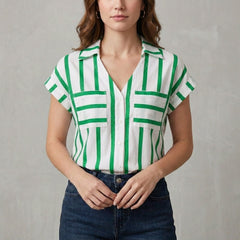 Green striped women’s summer blouse with V-neck by Christine Brewer, featuring lightweight fabric and casual fit.