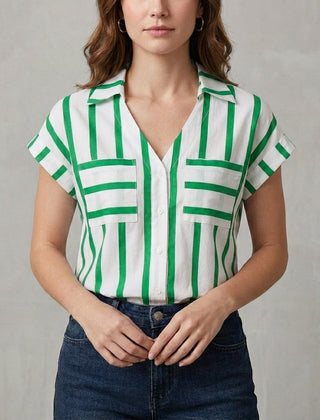 Green striped women’s summer blouse with V-neck by Christine Brewer, featuring lightweight fabric and casual fit.