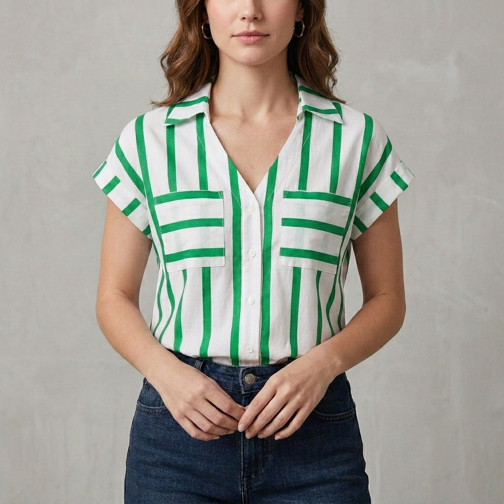Green striped women’s summer blouse with V-neck by Christine Brewer, featuring lightweight fabric and casual fit.