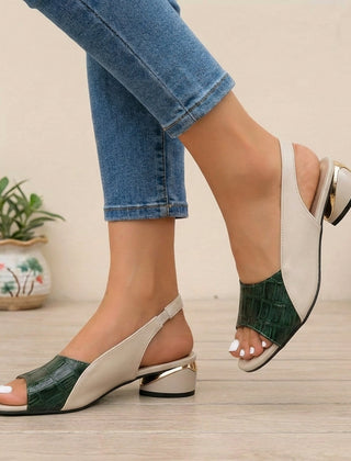 Green embossed peep toe colour block slingback block heel sandals for women by Christine Brewer, showing stylish design and open toe detail.
