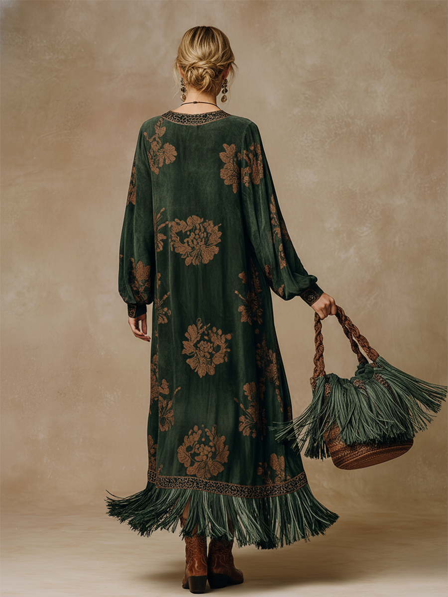 Green faux suede tassel maxi dress for women by Christine Brewer, flowing design with tassel details and a stylish maxi length.