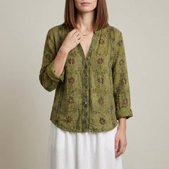 Green floral V-neck long sleeve linen blouse for women by Christine Brewer, perfect for summer casual wear.