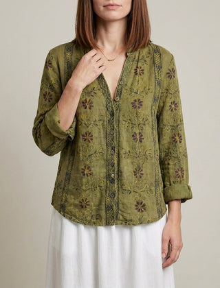 Green floral V-neck long sleeve linen blouse for women by Christine Brewer, perfect for summer casual wear.